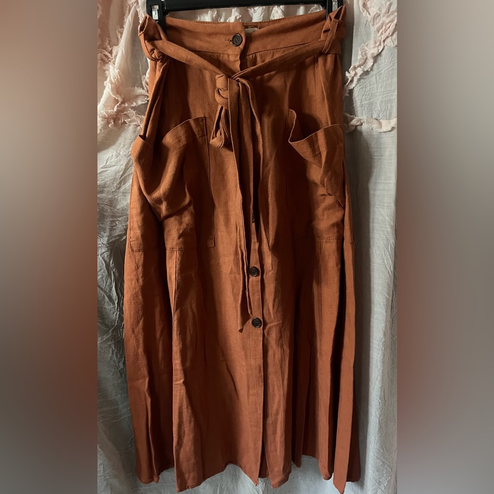 Just Living Rust Midi Skirt with Front Buttons and wrap around tie. Size Lg